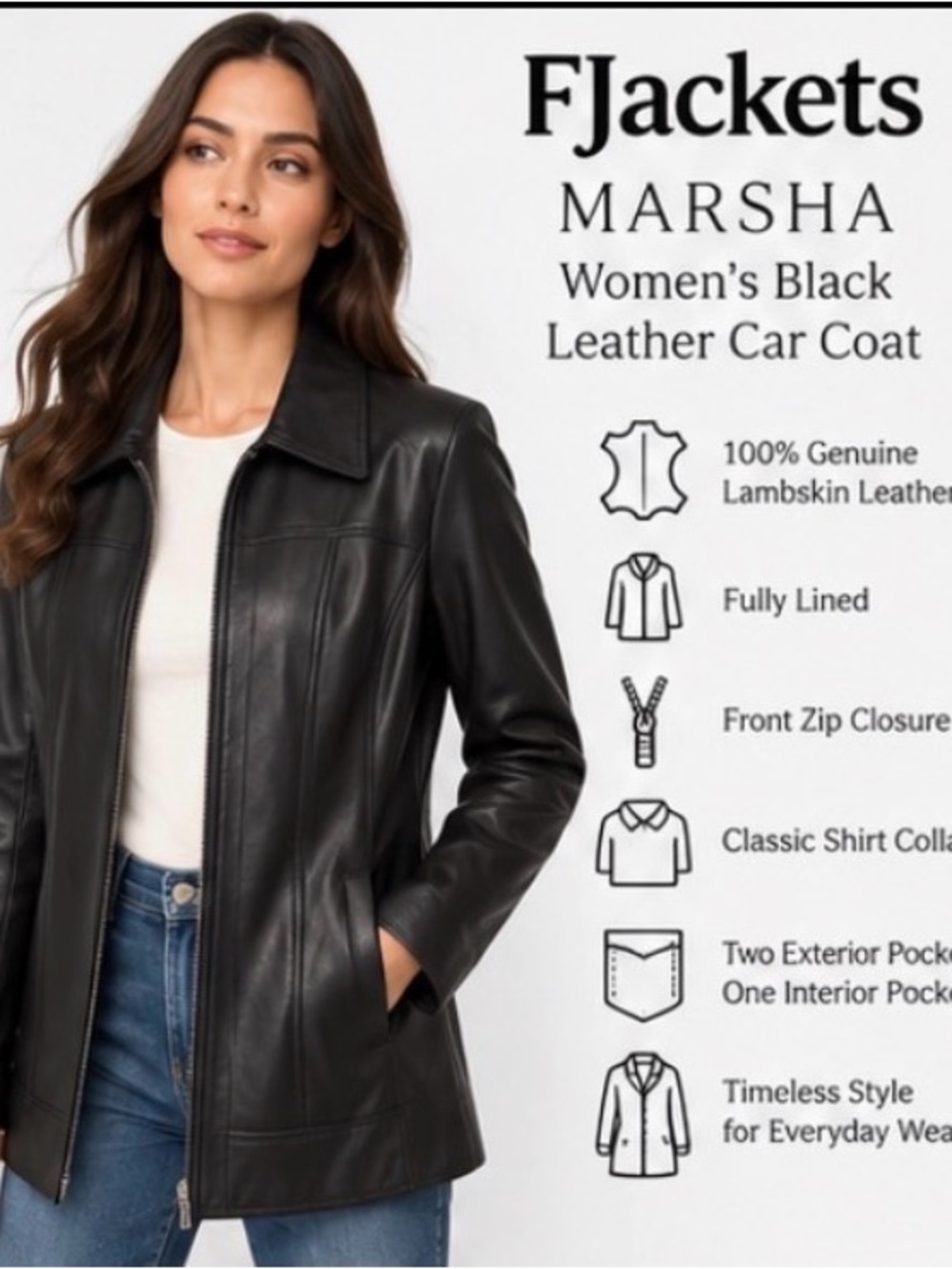 Women's LAMBSKIN Black Leather Car Coat